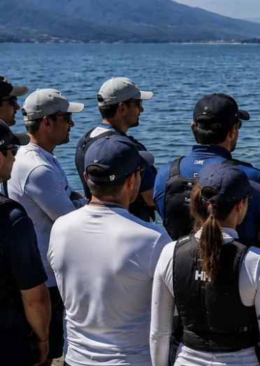 Dueños de Melges 15 mirando el lago antes de una regata